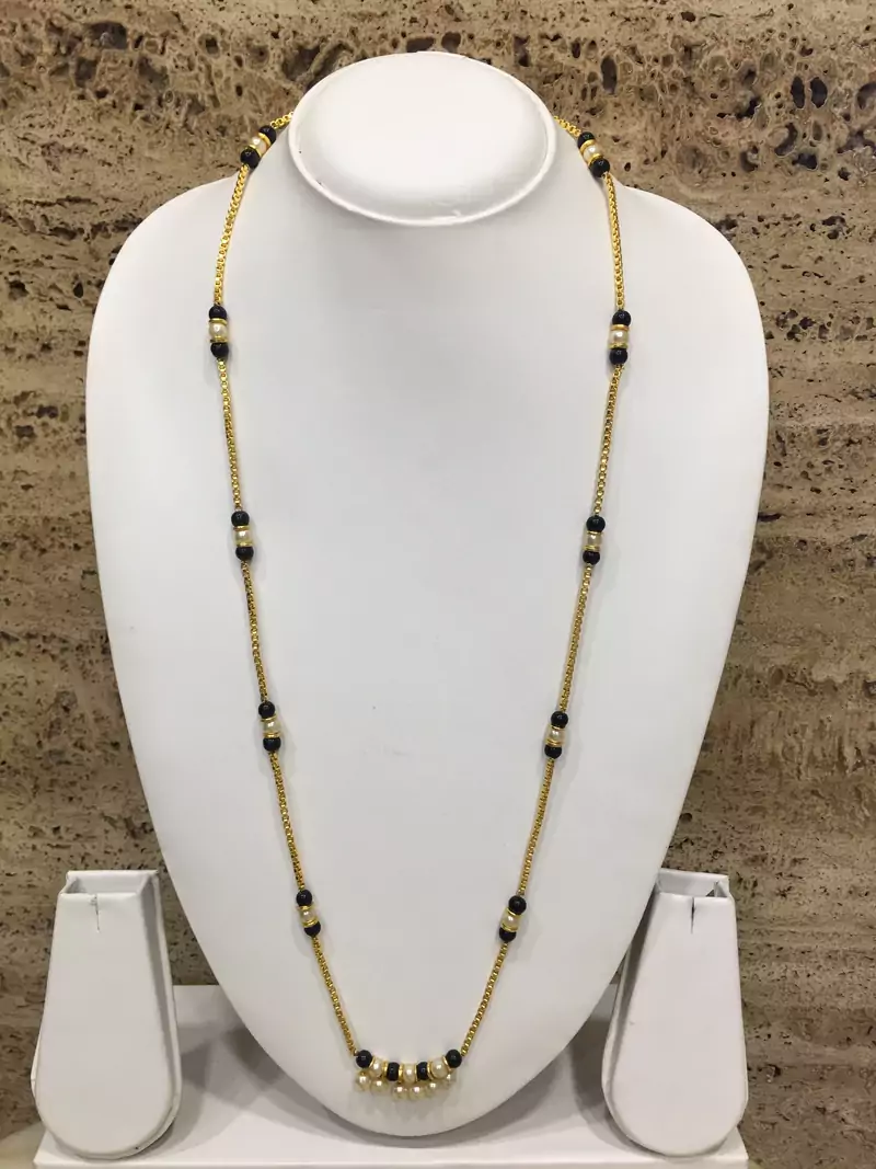 Gold Plated White Pearls Style Pendant Mangalsutra Black Mani Beads Single Line Layer Long Chain