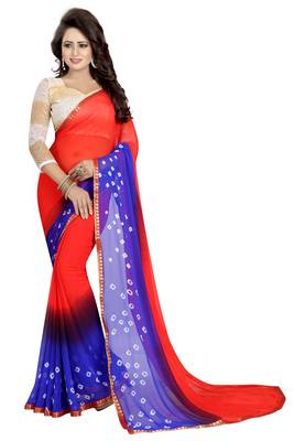 Red Printed Chiffon Saree With Blouse 1