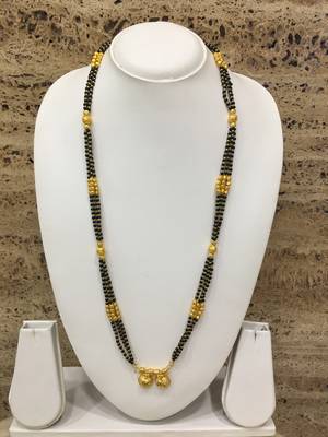 Golden Alloy 2 Vati Tanmaniya Pendant Mangalsutra Black Mani Beads 3 Triple Line Layer Long Chain 1