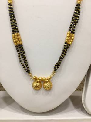 Golden Alloy 2 Vati Tanmaniya Pendant Mangalsutra Black Mani Beads 3 Triple Line Layer Long Chain 2
