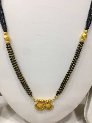 Golden Alloy 2 Vati Tanmaniya Pendant Mangalsutra Black Mani Beads 3 Triple Line Layer Long Chain 2