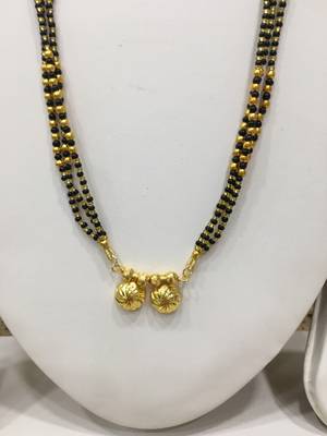 Golden Alloy 2 Vati Tanmaniya Pendant Mangalsutra Black Mani Beads 3 Triple Line Layer Long Chain 2