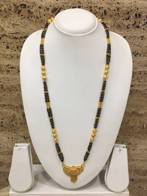Golden Alloy Pendant With Latkan Mangalsutra Black Mani Beads 3 Triple Line Layer Long Chain 1