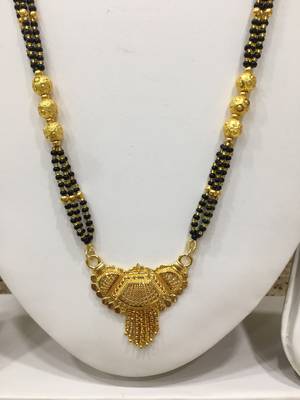 Golden Alloy Pendant With Latkan Mangalsutra Black Mani Beads 3 Triple Line Layer Long Chain 2