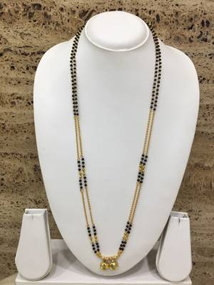 Gold Plated Alloy 2 Vati Tanmaniya Pendant Mangalsutra Black Beads Double Line Layer Long Chain 1