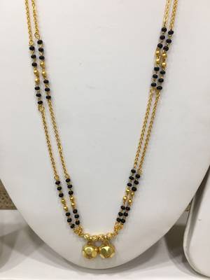 Gold Plated Alloy 2 Vati Tanmaniya Pendant Mangalsutra Black Beads Double Line Layer Long Chain 2