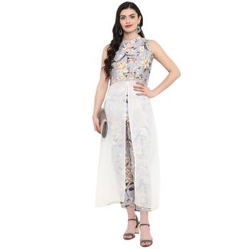Grey Color Digital Print Flared Polysilk Kurta 1
