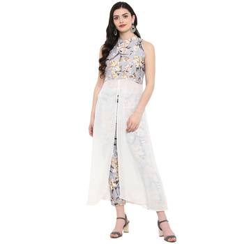 Grey Color Digital Print Flared Polysilk Kurta 2