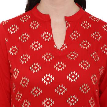 Red Color Foil Print straight Rayon kurta 5