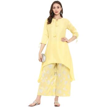 Yellow Color Foil Print Asymmetric Polysilk Kurta 1