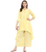 Yellow Color Foil Print Asymmetric Polysilk Kurta