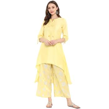 Yellow Color Foil Print Asymmetric Polysilk Kurta 2