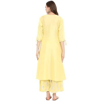 Yellow Color Foil Print Asymmetric Polysilk Kurta 3