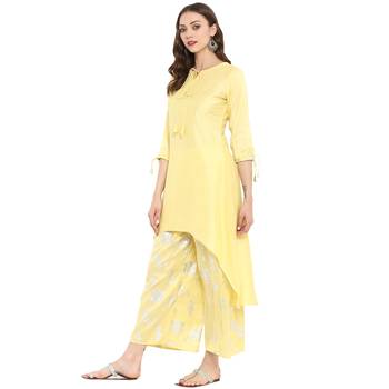 Yellow Color Foil Print Asymmetric Polysilk Kurta 4