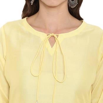 Yellow Color Foil Print Asymmetric Polysilk Kurta 5