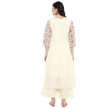 Cr  me Color Foil Print Straight Chanderi Kurta 3