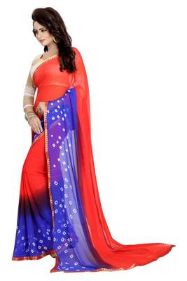Red Printed Chiffon Saree With Blouse 3