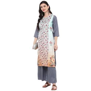 Grey Color Digital Print straight polysilk Kurta 1