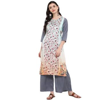 Grey Color Digital Print straight polysilk Kurta 2