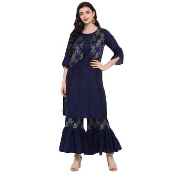 Blue Color Foil Print Straight Polysilk Kurta 1