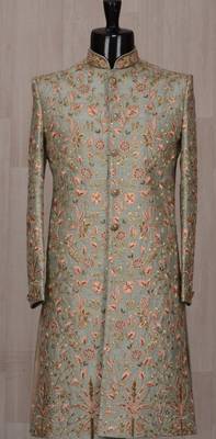 Turquoise embroidered silk sherwani 1
