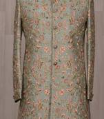 Turquoise embroidered silk sherwani