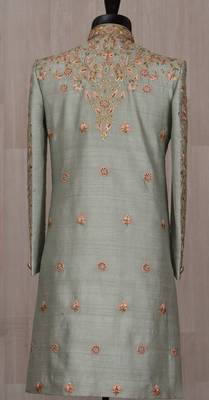 Turquoise embroidered silk sherwani 2