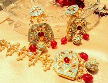 Turquoise Kundan Danglers Drops With Maangtikka 1
