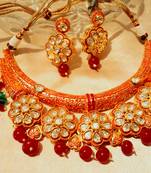 Redish Golden Tone Jadau  Kundan Hasli Necklace Sets