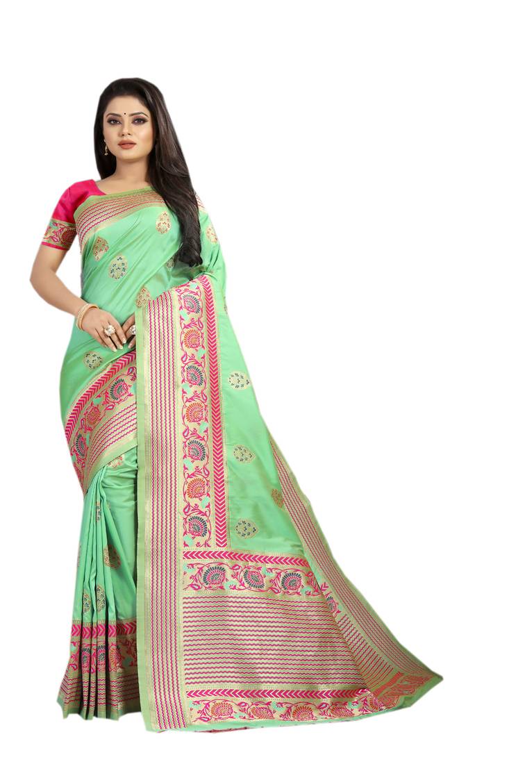 Women's Silk Blend Green Woven Design Designer Saree With Blouse Piece