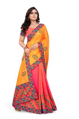 Yellow Embroidered Art  Silk Saree With Blouse 3