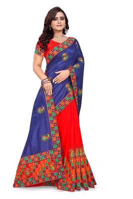 Blue  Embroidered Art Silk Saree With Blouse 3