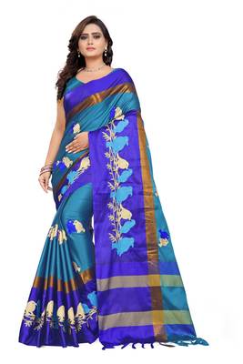 Blue Embroidered Cotton Silk Saree With Blouse 1