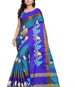 Blue Embroidered Cotton Silk Saree With Blouse