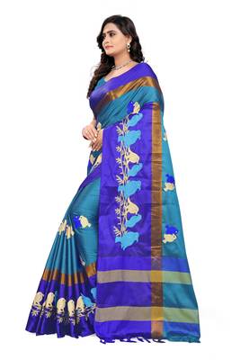 Blue Embroidered Cotton Silk Saree With Blouse 2