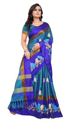 Blue Embroidered Cotton Silk Saree With Blouse 3