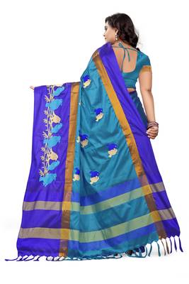 Blue Embroidered Cotton Silk Saree With Blouse 4