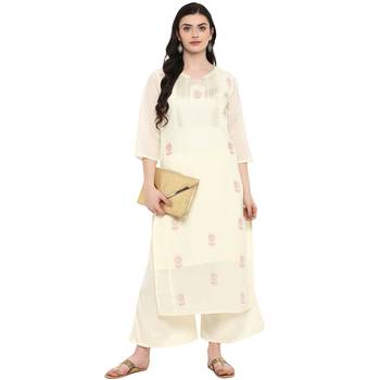Cr  me Color Foil Print Straight Chanderi Kurta 1