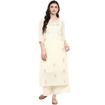 Cr  me Color Foil Print Straight Chanderi Kurta 2