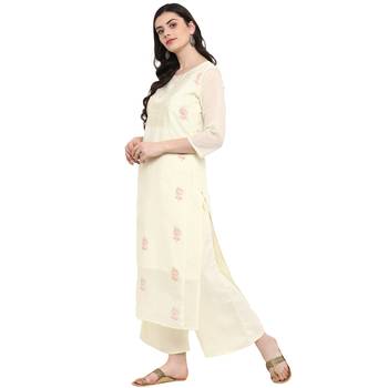 Cr  me Color Foil Print Straight Chanderi Kurta 4