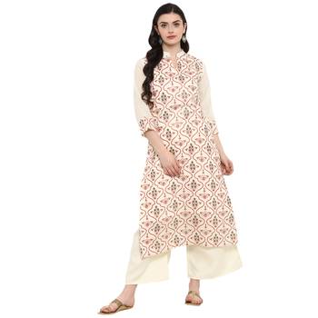 Cr  me Color Foil Print Straight Chanderi Kurta 2