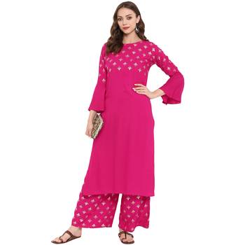 Pink Color Foil Print straight Rayon Kurta Palazzo Set 1