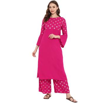 Pink Color Foil Print straight Rayon Kurta Palazzo Set 2