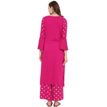 Pink Color Foil Print straight Rayon Kurta Palazzo Set 3