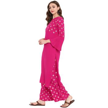 Pink Color Foil Print straight Rayon Kurta Palazzo Set 4
