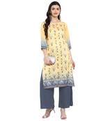 Yellow Color Digital Print straight polysilk Kurta Palazzo Set