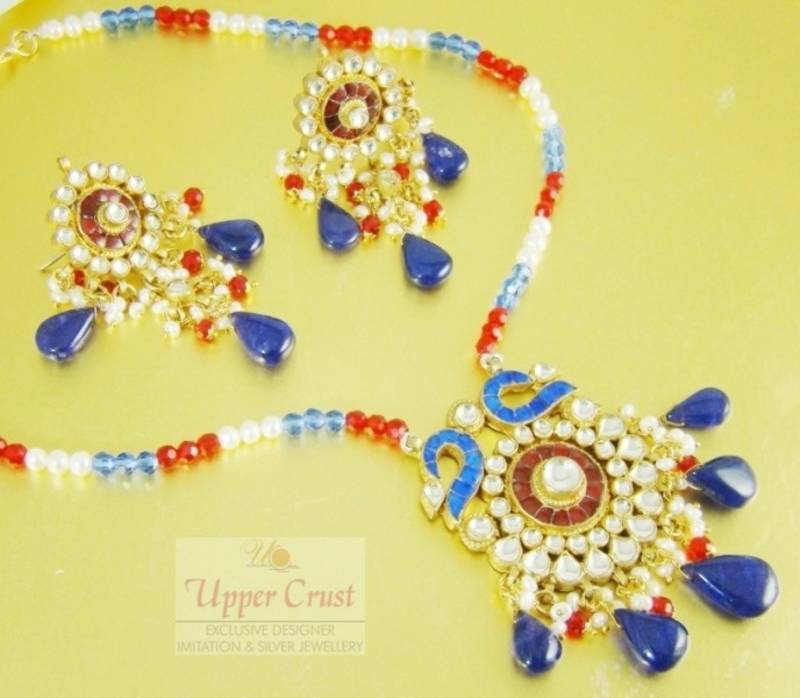 Blue N Red Pearl Kundan Pendant Necklace Jewellery