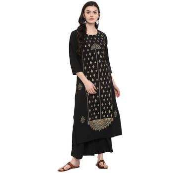 Black Color Foil Print Straight crepe Kurta Palazzo set 2