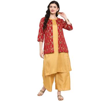 Gold Color Digital Print Straight polySilk Kurta Palazzo set 1