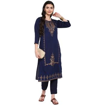Blue Color Foil Print Straight Polysilk Kurta Pant Set 1